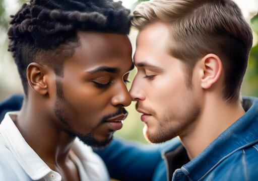 Close up of a black and a white gay man in a romantic situation tete a tete. Two handsome homosexual men in relationship.