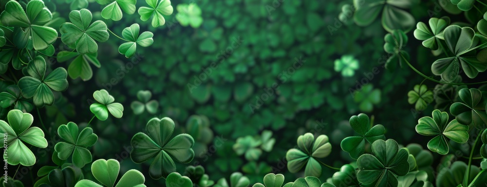 Poster st patrick's day background with shamrock leaves and clover pattern on a green banner copy space con