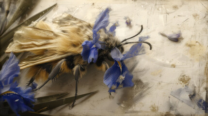 a close up of a dead bee with blue flowers on it's back and a pair of scissors in front of it.