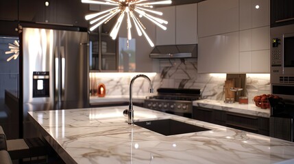 close-up shots of the intricate details such as the grain of the marble countertops, the reflective surfaces of the stainless steel appliances, and the intricate design of the sputnik
