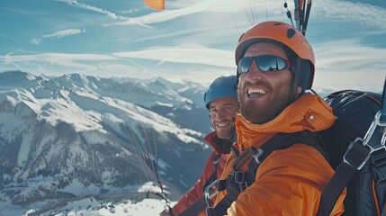 close-up shots that highlight the paragliding equipment and facial expressions, adding depth and authenticity to the image
