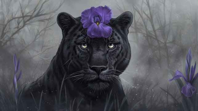 a painting of a black cat with a purple flower on its head and a purple flower in the middle of the cat's face.