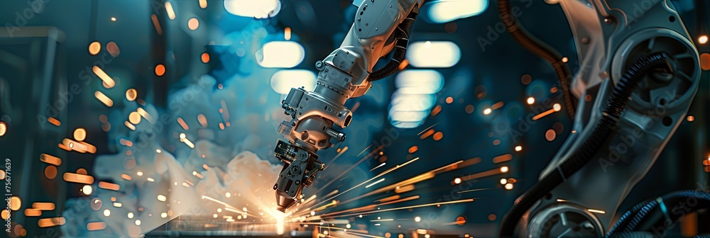 Poster panoramic banner of industrial robot arm head welding and cutting with laser in manufacturing factor - Posters