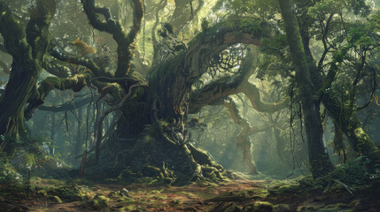Ancient Trees: Showcase the majesty of ancient trees in a dense forest, with towering trunks and gnarled branches covered in moss and lichen, evoking a sense of reverence for nature's enduring beauty. - obrazy, fototapety, plakaty