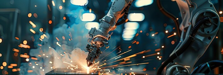 Panoramic banner of industrial robot arm head welding and cutting with laser in manufacturing factory - obrazy, fototapety, plakaty