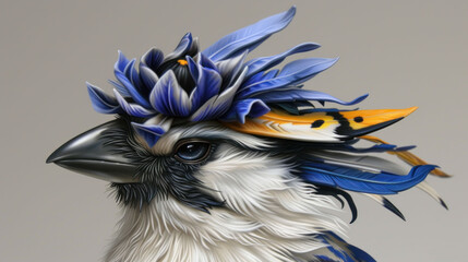 a close up of a blue and white bird with a flower on it's head and feathers on it's head.