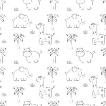 Cute vector linear drawing seamless pattern with safari animals, elephant, hippo, giraffe and tropical plants. African animals line art. Hand drawn, doodle, contour vector pattern.