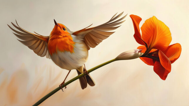 a painting of a bird on a branch with a flower in the foreground and an orange flower in the background.
