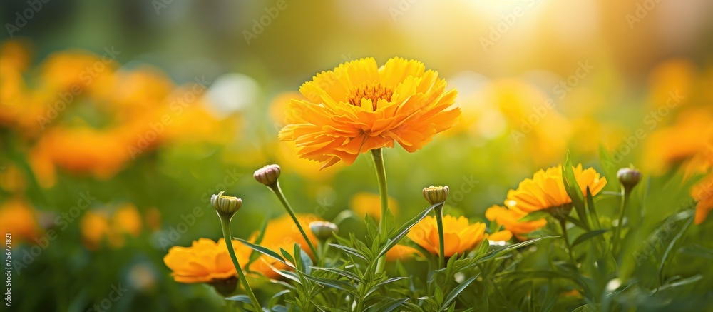 Sticker a meadow of herbaceous plants with yellow flowers, including dandelions, under the shining sun. the 