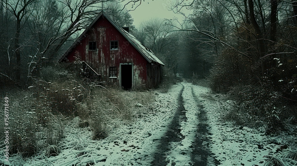 Poster a red barn sitting in the middle of a forest filled with trees and grass covered in a layer of snow.