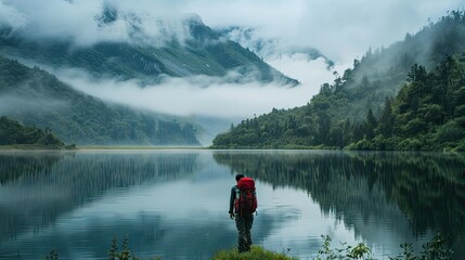 the hiker against the backdrop of the lake and surrounding nature to provide context and depth to the image, enhancing the storytelling aspect