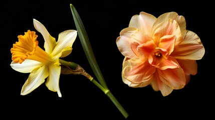 Yellow narcissus and crown imperial flowers isolated on black