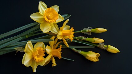 Yellow narcissus and crown imperial flowers isolated on black