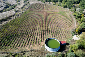 Vineyards and industrial water tank shot from above.