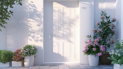 natural or artificial lighting to illuminate the scene evenly, highlighting the clean lines and modern aesthetics of the white entrance door and potted flowers.
