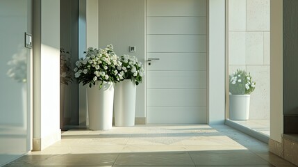 natural or artificial lighting to illuminate the scene evenly, highlighting the clean lines and modern aesthetics of the white entrance door and potted flowers.