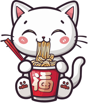 Cute Cat Loving Ramen Noodles Anime Kawaii Japanese Animal / Manga Kawaii Cat Character Cartoon Eating Delicious Ramen Bowl Neko Sakura