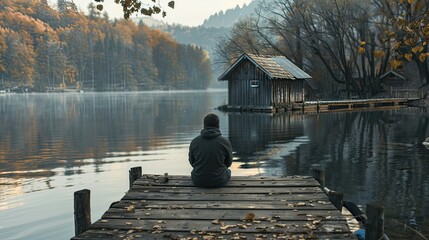 the man against the backdrop of the lake and the weathered wooden pier, highlighting the rustic...