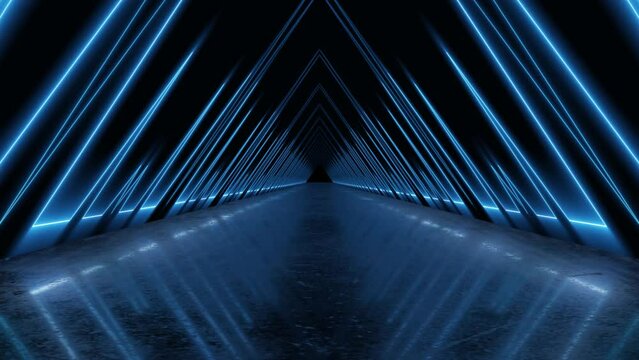Abstract triangle shape tunnel flight animation, side walls with blue glowing animated shapes and realistic floor reflection, concept, ideas, 4k