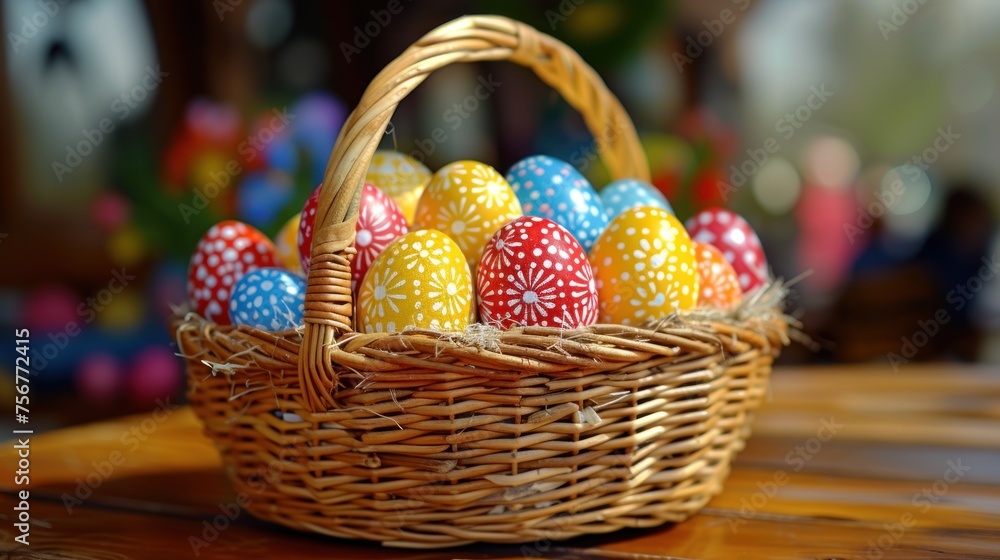 Poster a wicker basket filled with brightly colored easter eggs on top of a wooden table in front of a colo