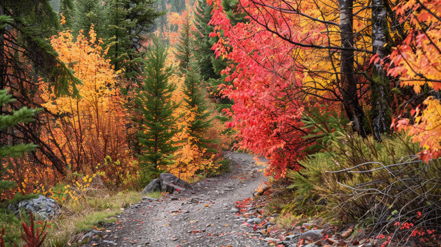 Autumnal Splendor: Showcase the vibrant colors of autumn foliage in a forest, with trees ablaze in shades of red, orange, and yellow, set against a backdrop of evergreen conifers and winding trails. 
