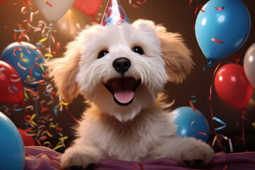 Cute fluffy puppy dog with party hat , birthday balloons . Puppy dogs party.