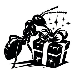 Ant with a gift, black silhouette on a transparent background, vector drawing for print, stencil..