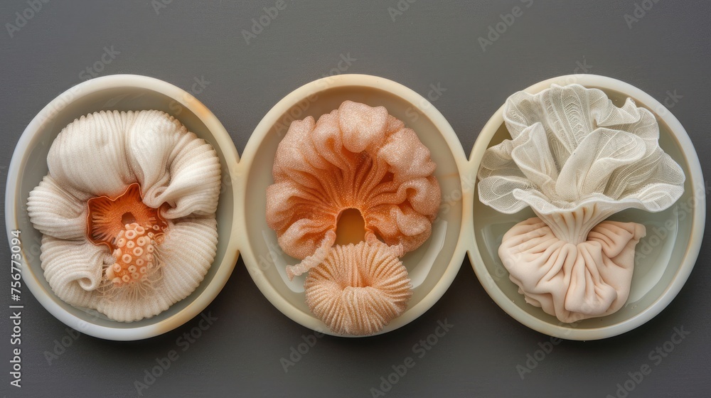 Poster a group of three bowls filled with different types of flowers on top of a gray counter top next to e
