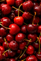 Farmers' freshly harvested cherries, red fresh cherry in drops of water. Agriculture, healthy and natural food concept.