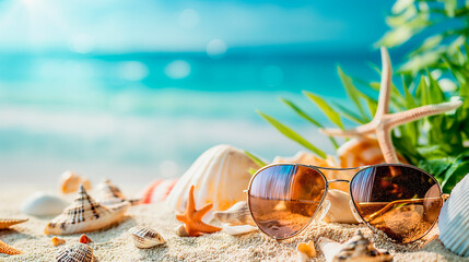 Summer background with shells, sunglasses. Concept of hot summer and relaxation.