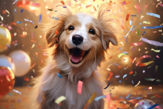 Cute fluffy puppy dog with party hat , birthday balloons . Puppy dogs party.