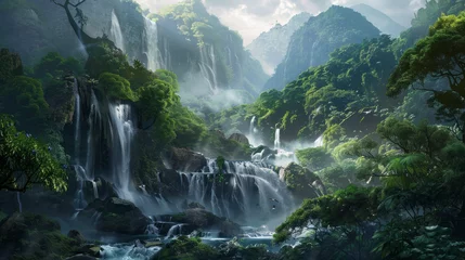 Fotobehang Breathtaking Waterfalls: Showcase the power and beauty of cascading waterfalls, whether nestled in lush forests, rugged mountains, or volcanic landscapes. Generative AI © Hokmiran