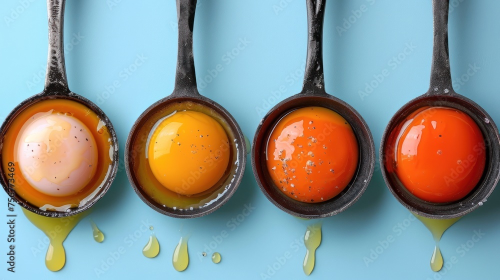 Poster three eggs and three spoons are lined up in a row on a blue background with green and yellow paint.
