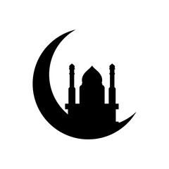 mosque crescent moon silhouette. Ramadan mubarak greeting card. crescent moon with mosque silhouette.use as banner or poster design element for Muslim community festival or holiday. islamic symbol