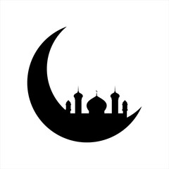 mosque crescent moon silhouette. Ramadan mubarak greeting card. crescent moon with mosque silhouette.use as banner or poster design element for Muslim community festival or holiday. islamic symbol