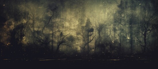 An art piece depicting a dark forest with leafless trees under a night sky. The natural landscape is filled with darkness and mystery, capturing the essence of the woodland - obrazy, fototapety, plakaty