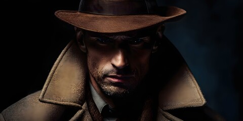 Mysterious Vintage Detective in Shadowy Setting: A Retro Look. Concept Vintage Style, Detective Theme, Shadowy Setting, Retro Look, Mystery Atmosphere