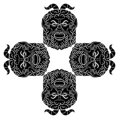 Square cross shape ornament with four antique masks of satyr or god Pan. Faces of bearded horned men. Black and white silhouette. - obrazy, fototapety, plakaty