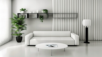 Fototapeta na wymiar Luxurious Modern Living Room with Sleek Sofa, Wooden Floor, and Bright White Contemporary Design