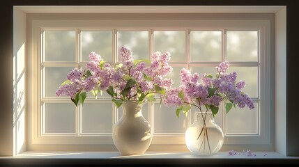 a couple of vases filled with purple flowers sitting on a window sill next to a window sill.