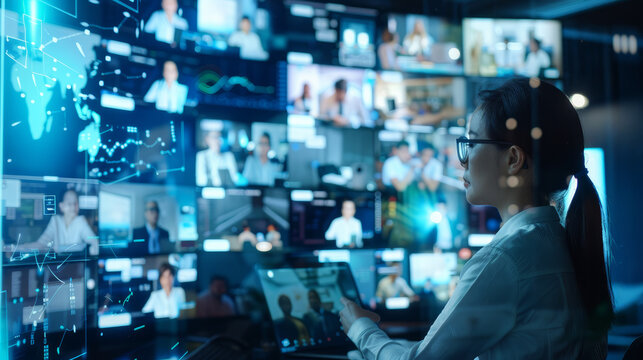 Digital Communication: A close-up image of professionals engaged in a video conference or virtual meeting using modern communication tools, such as large monitors or interactive whiteboards.