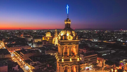 Night view with drone of the main cathedral of Celaya