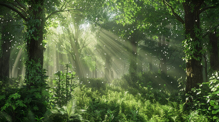 Enchanted Forest: Capture the magical atmosphere of a dense forest with sunlight filtering through the canopy, illuminating lush green foliage and creating dappled patterns on the forest floor. 