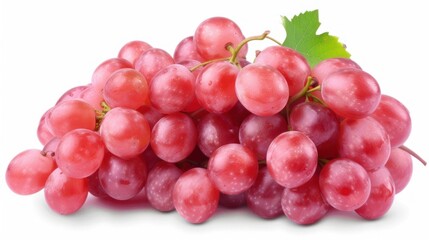 a close up of a bunch of grapes with a leaf on the top of the grapes, on a white background.
