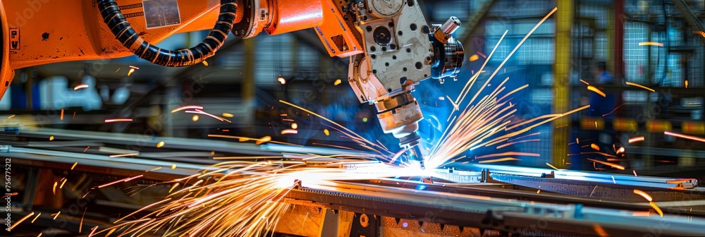 Wall mural Panoramic banner closeup of laser head welding machine with sparks mounted on robotic arm on production line in factory