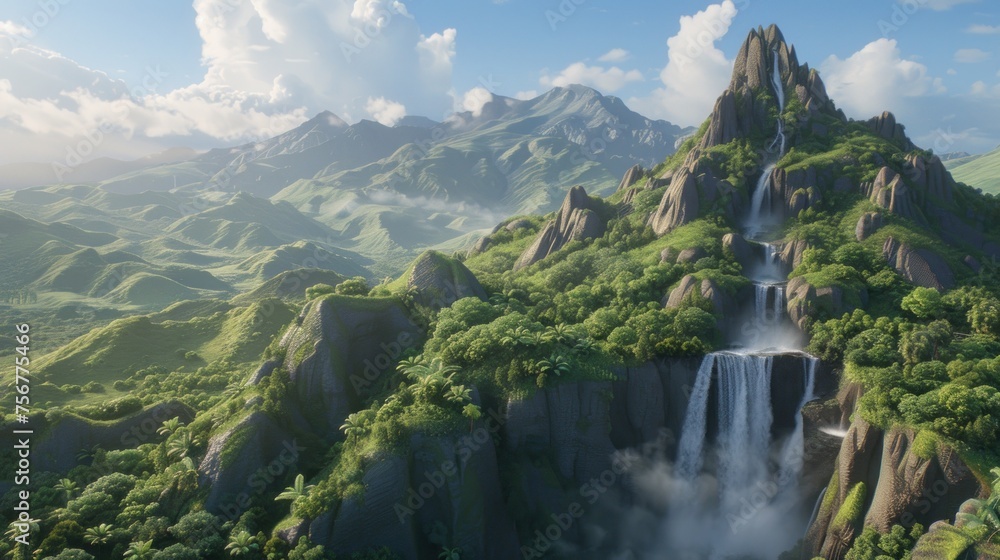 Poster an artist's rendering of a mountain with a waterfall in the middle of the mountain surrounded by lus