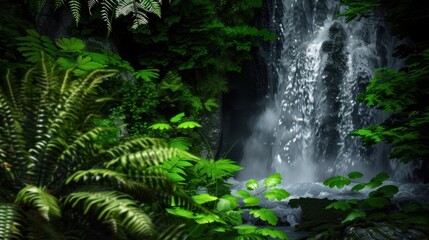 a lush green forest filled with lots of trees and a tall waterfall surrounded by lush green leafy trees and bushes.