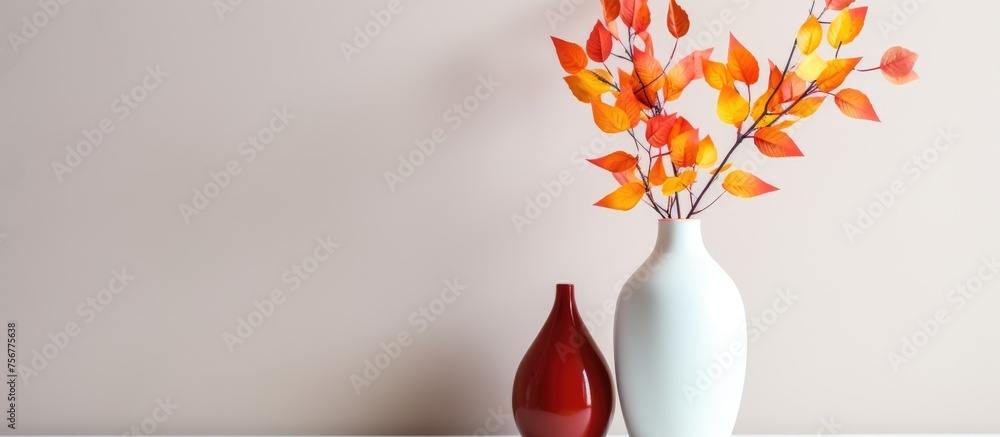 Poster two artistic vases filled with beautiful flowers are placed on a table, creating a charming centerpi