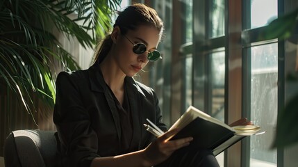 A woman wearing sunglasses is concentrating on contemplating an idea for writing a publication in a notebook in an office room near the window - obrazy, fototapety, plakaty