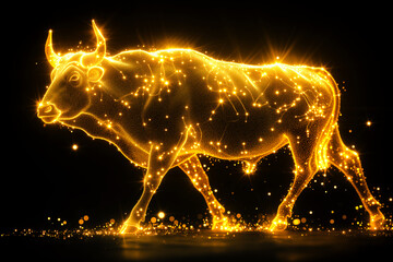 Naklejka premium Silhouette bull transparent shining golden on a black background. The zodiac sign taurus . Ai generative..